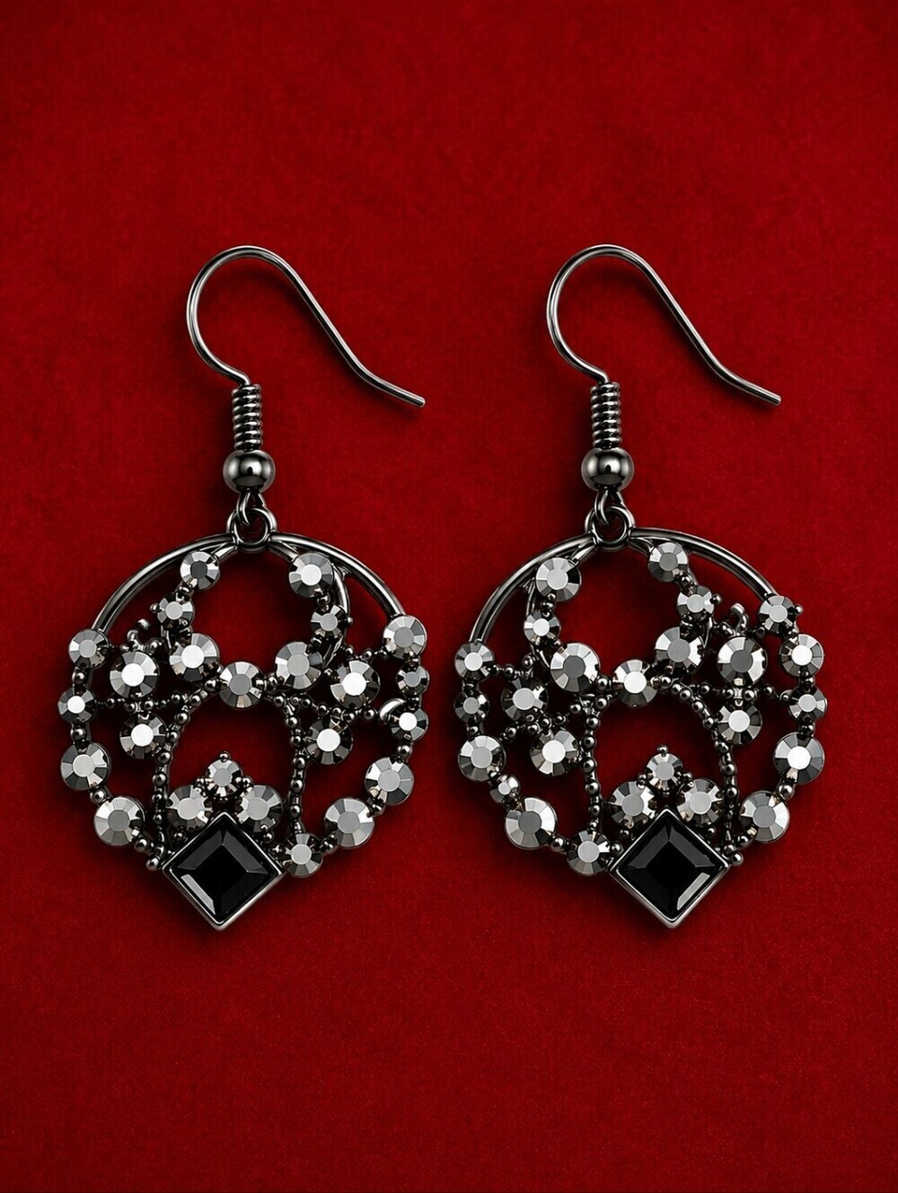 Vintage Gunmetal Crystal Goth Dangle Hook Earrings